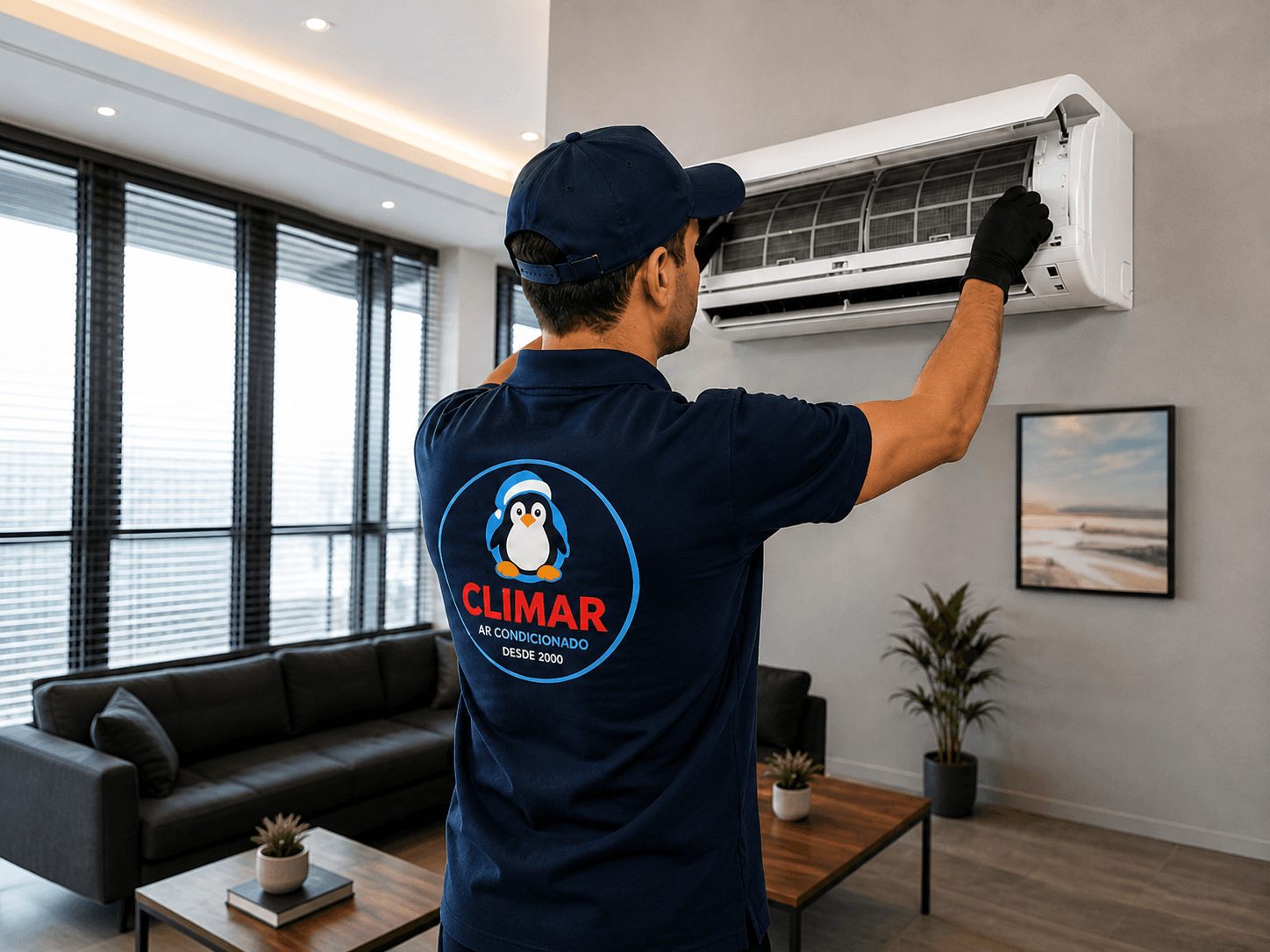 Técnico da Climar realizando manutenção em ambiente empresarial