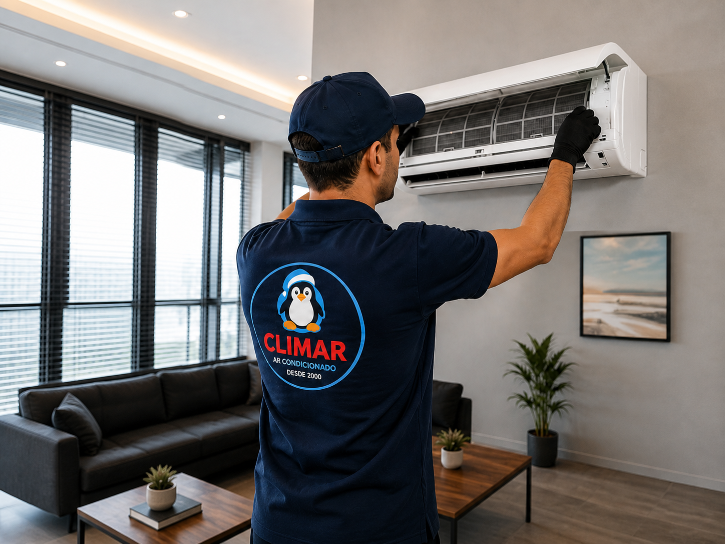 Técnico da Climar realizando manutenção em ambiente empresarial